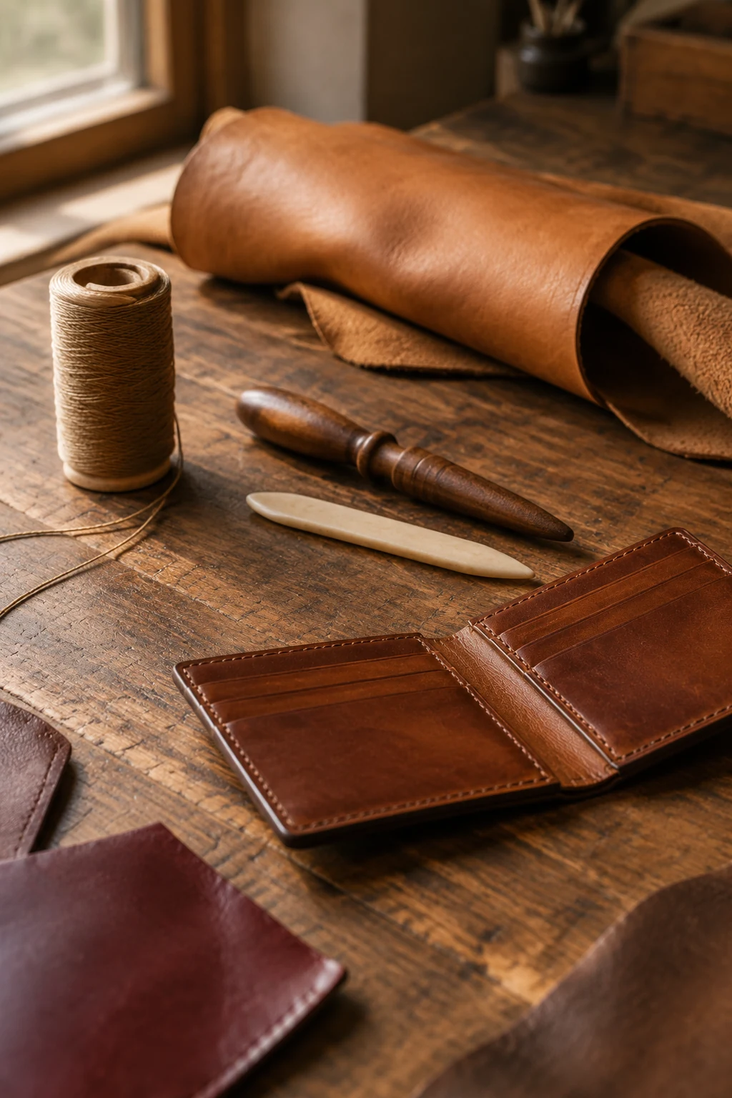 Tan leather hide, waxed thread and hand tools beside a half-finished wallet on a wooden bench
