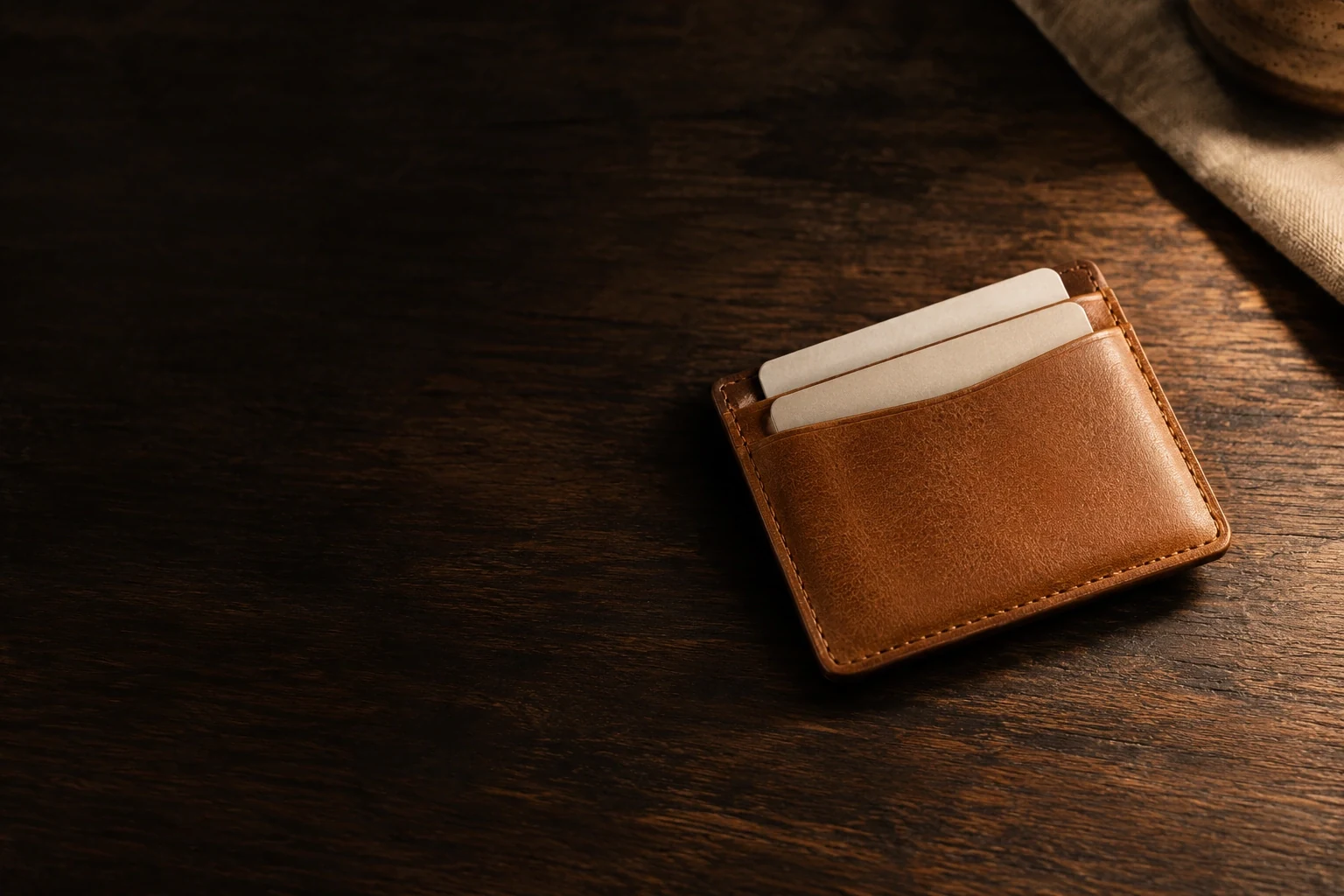Slim tan leather cardholder resting on dark oak