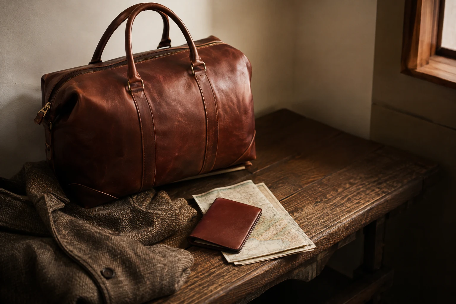 Cognac leather weekender holdall on a wooden bench with a wool coat