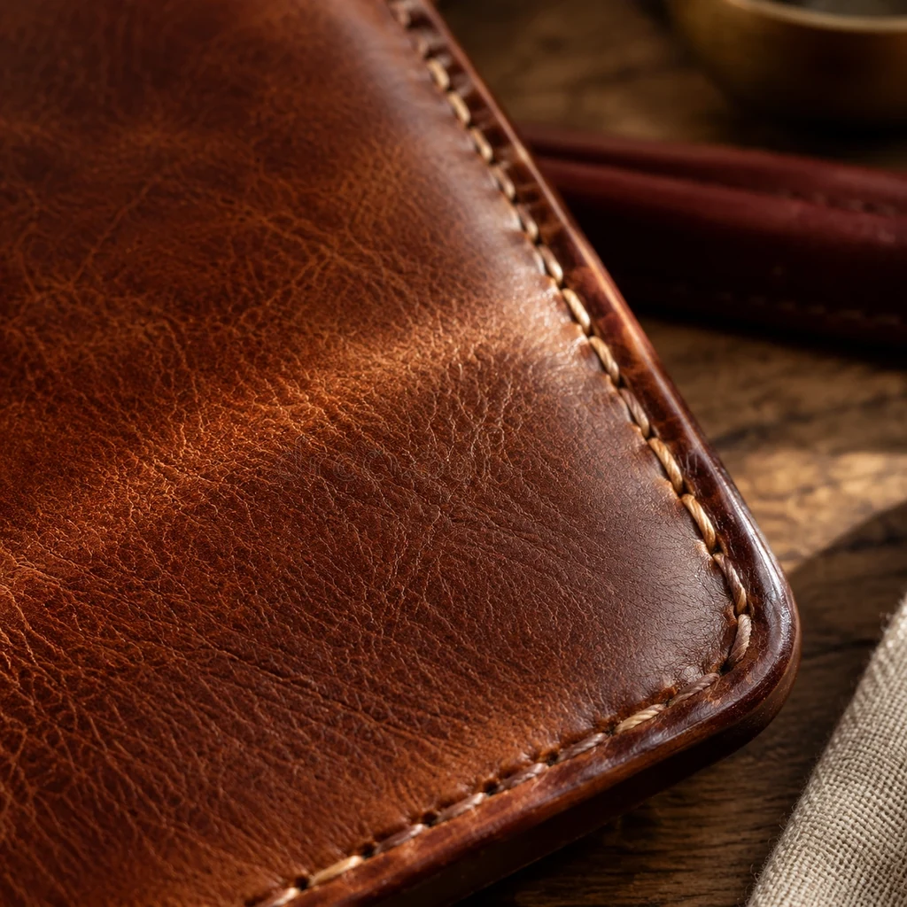 Close-up of saddle stitching along a burnished leather edge