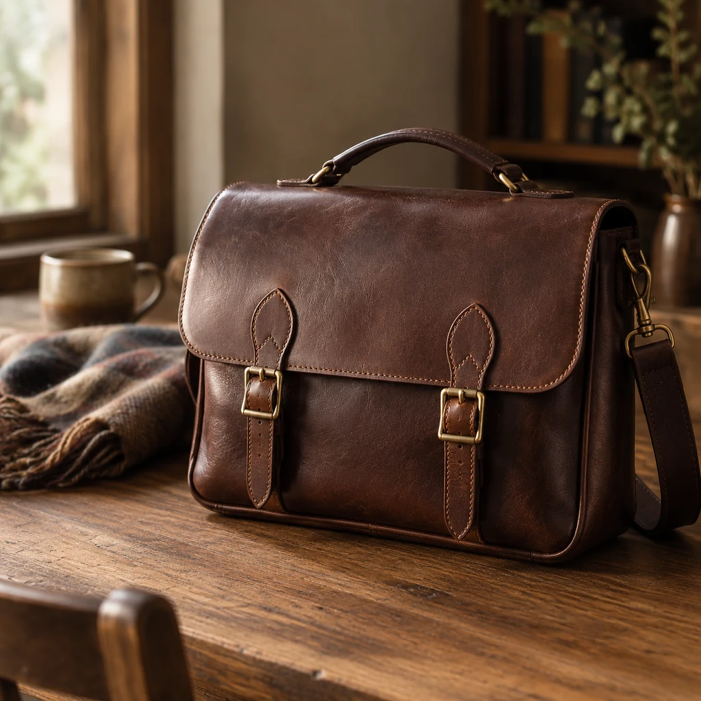 Dark brown leather satchel with brass buckles on a wooden table
