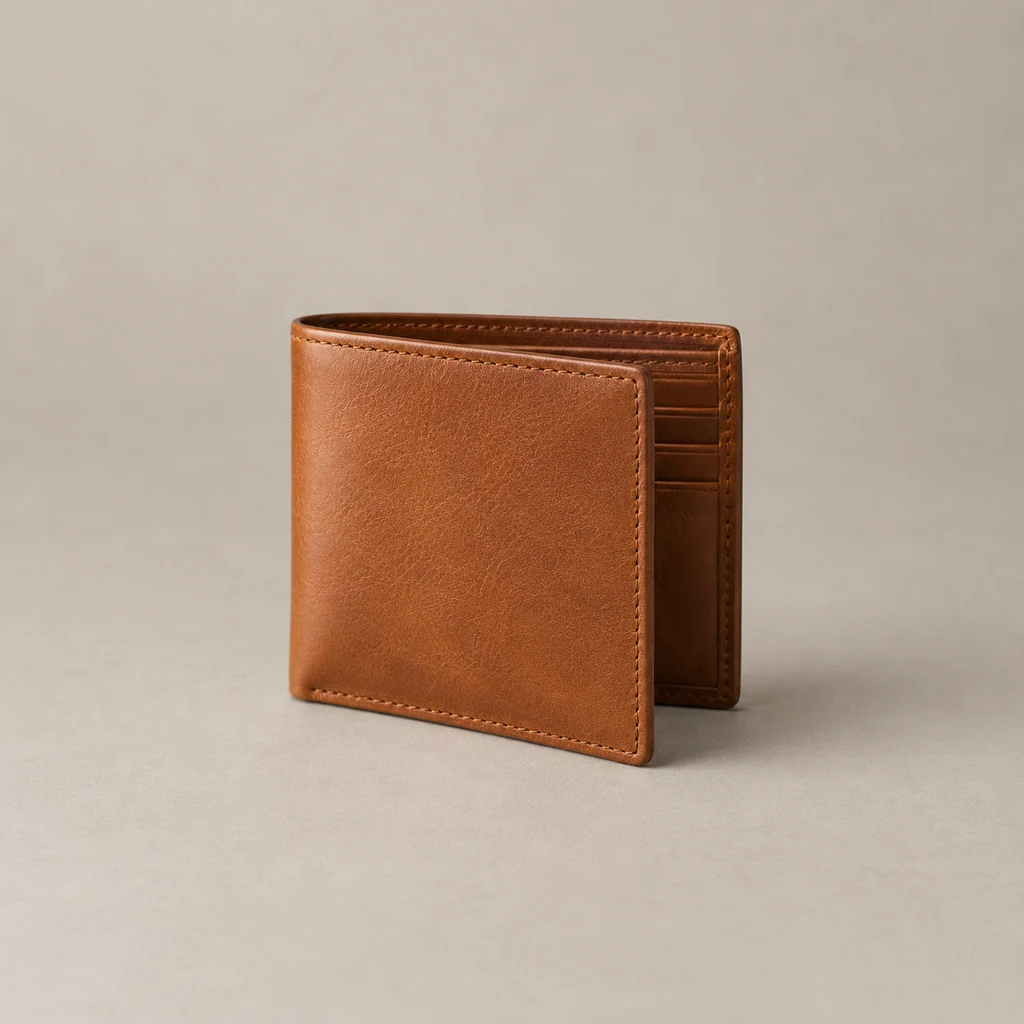 Tan leather bifold wallet slightly open showing card slots