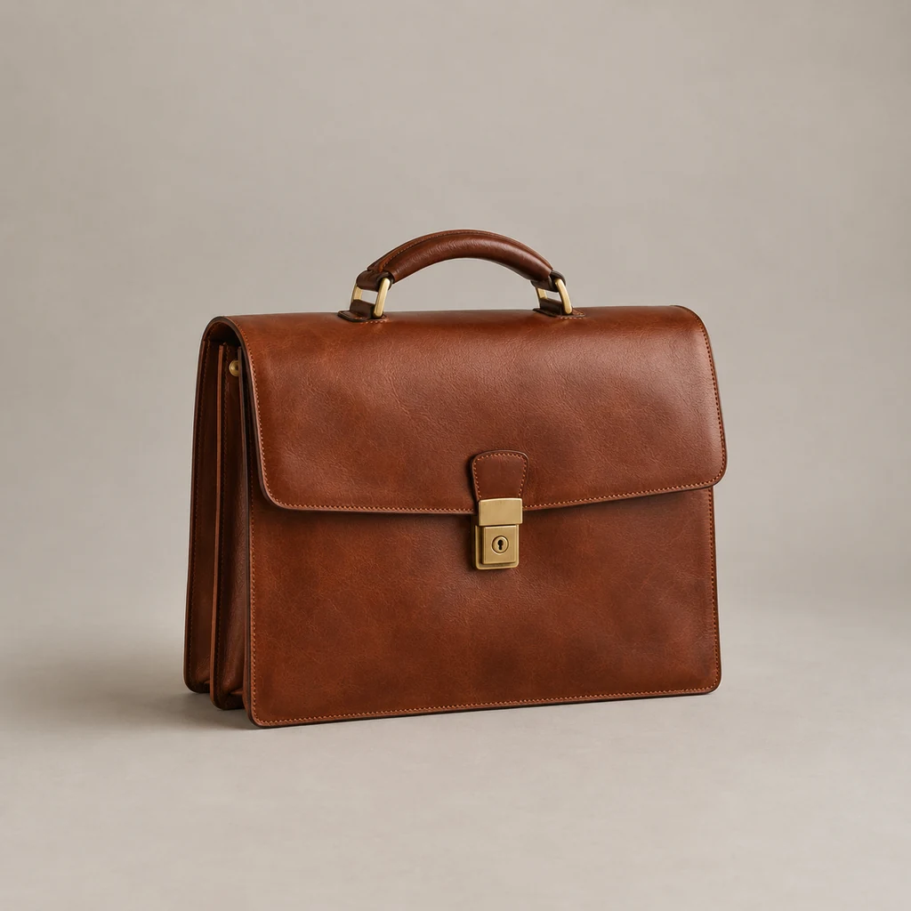 Chestnut leather two-gusset briefcase with a brass clasp