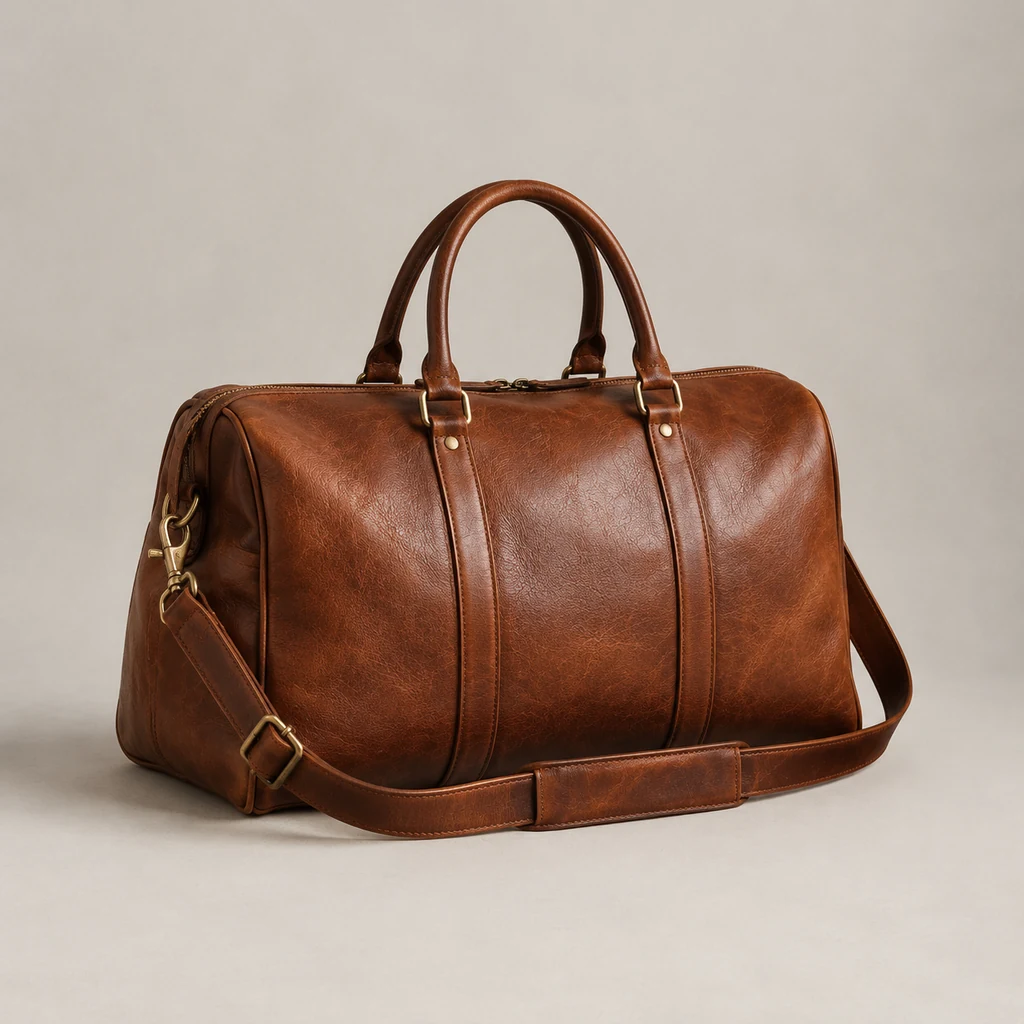 Chestnut leather weekender holdall with rolled handles