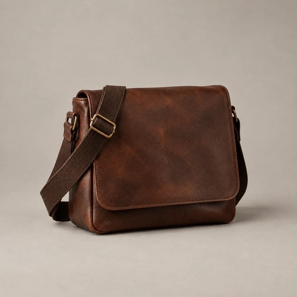 Dark brown leather crossbody messenger bag with a flap