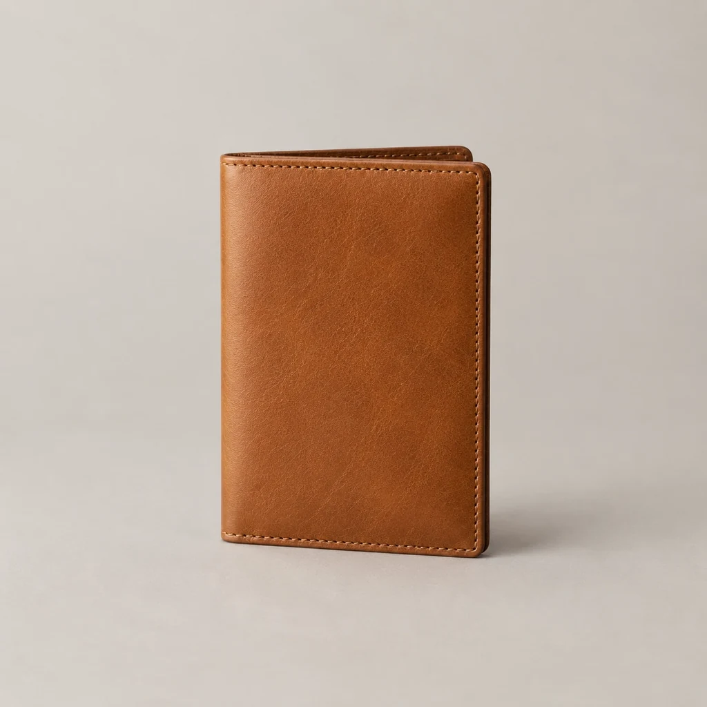 Tan leather passport cover with stitched edges