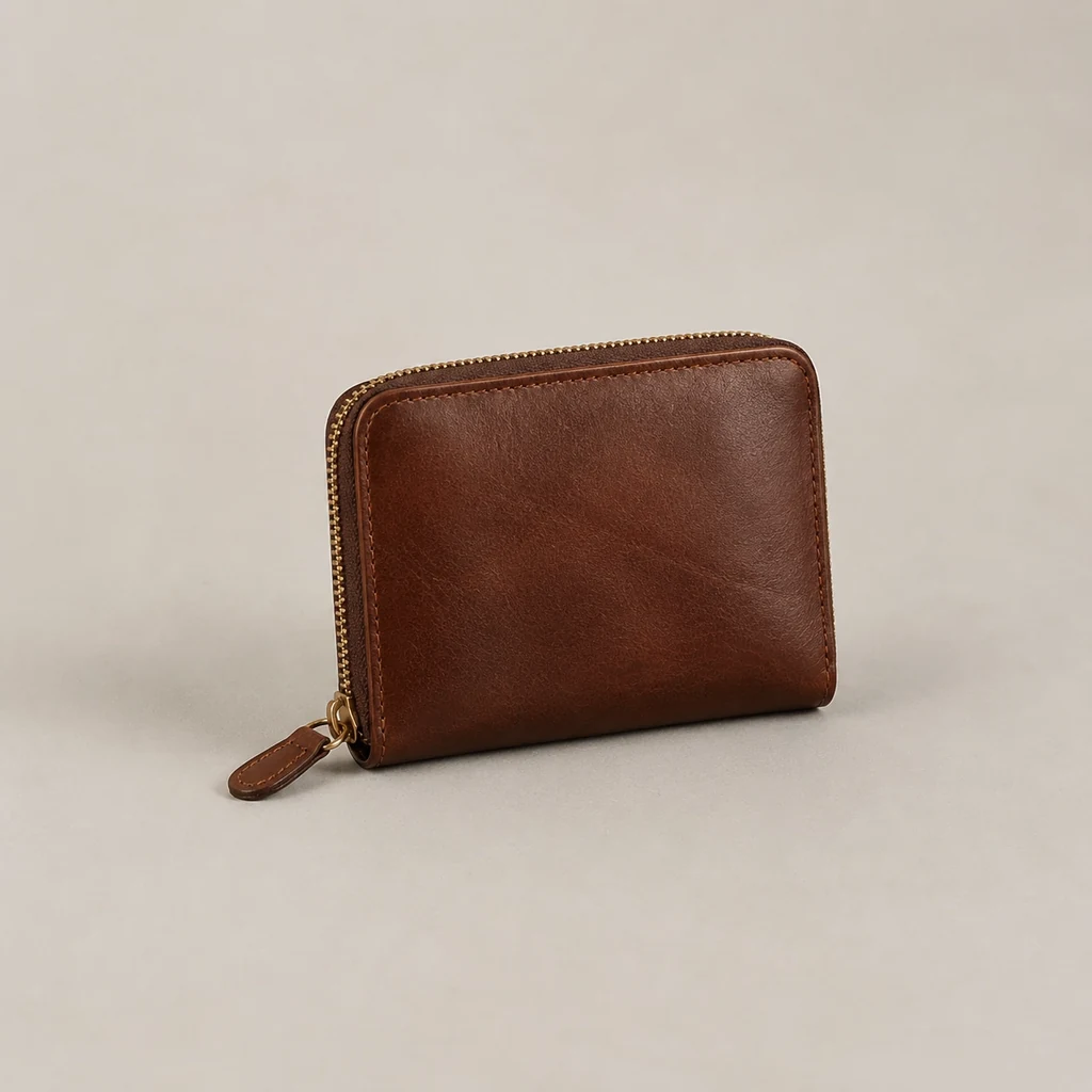 Dark brown leather zip-around purse