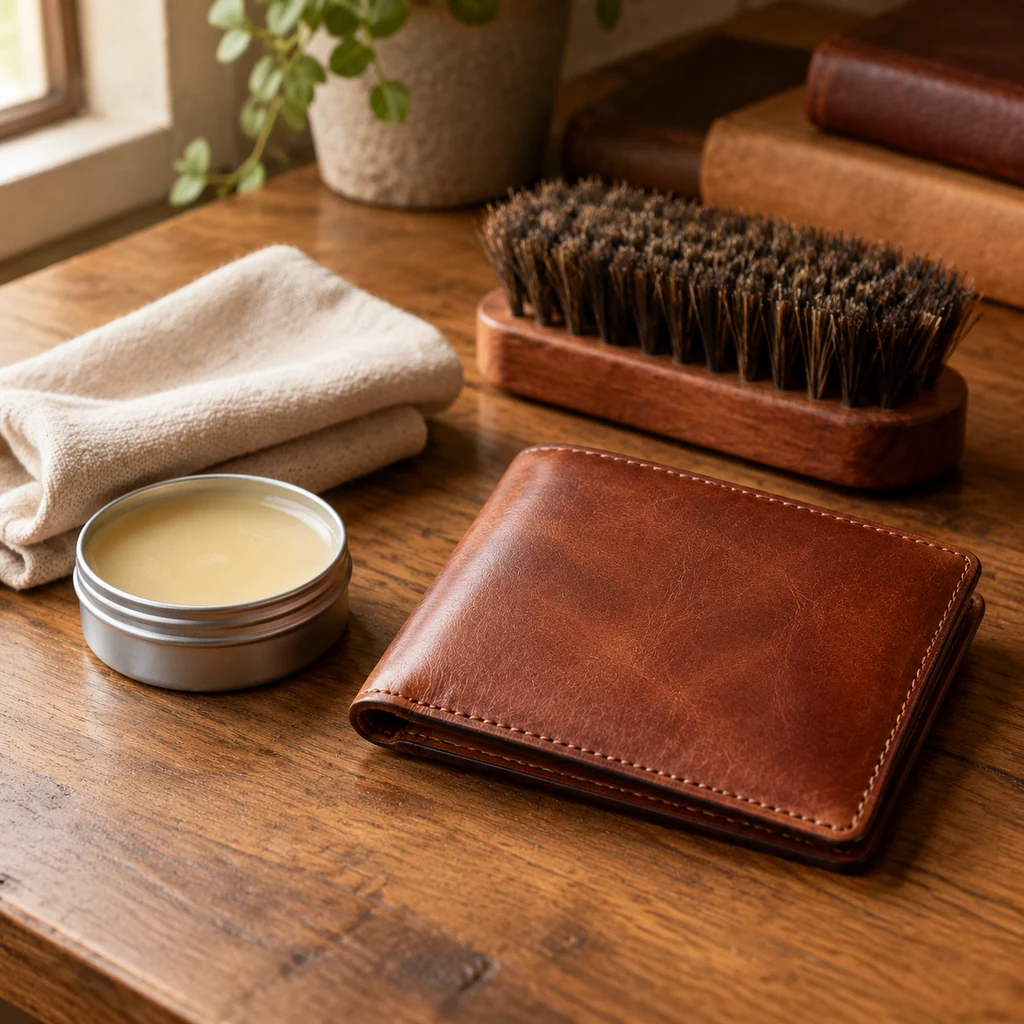 Wax balm, cotton cloth and horsehair brush next to a brown leather wallet