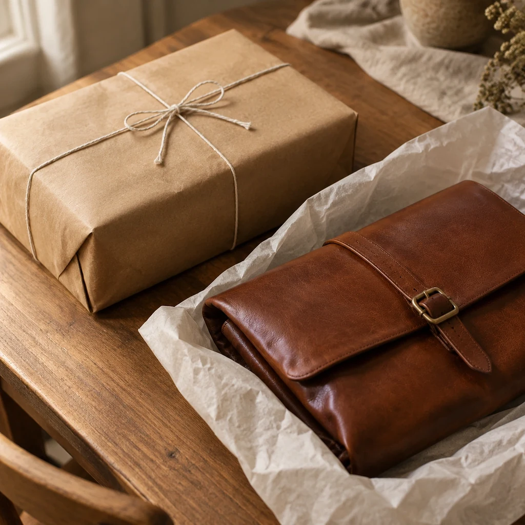 Kraft paper parcel tied with string beside a leather bag wrapped in tissue