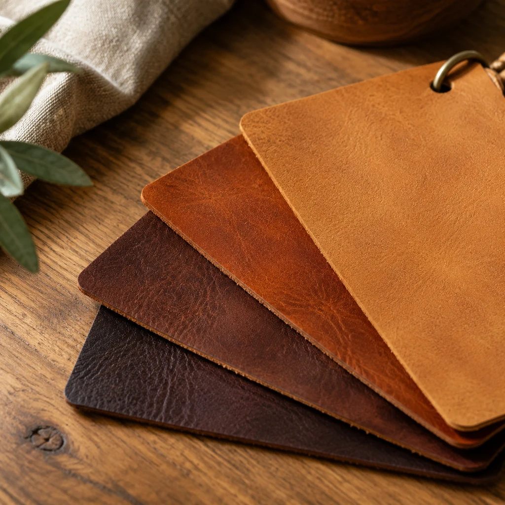 Fanned swatches of vegetable-tanned leather in tan, cognac and dark brown