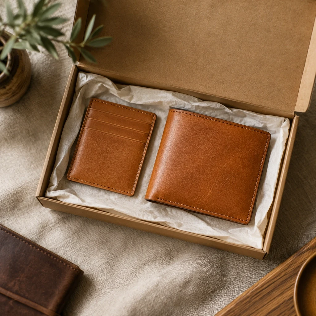 Open box with tissue paper holding a tan cardholder and wallet
