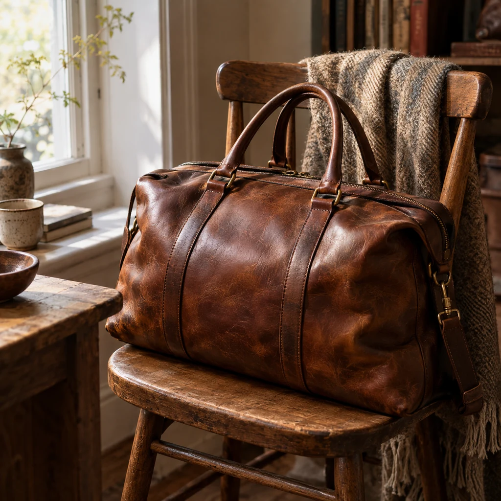 Well-used brown leather bag with a rich patina on a wooden chair by a window